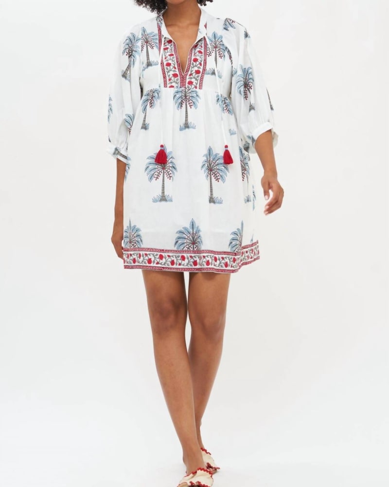Front of a model wearing a size L Cuff Sleeve Mini Dress in Kiawah Red in Kiawah Red by Oliphant. | dia_product_style_image_id:342880